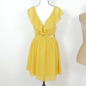 Keepsake Mustard Yellow Deep V Cut Out Ruffle Sleeve SZ 6 Pleated Mini Dress